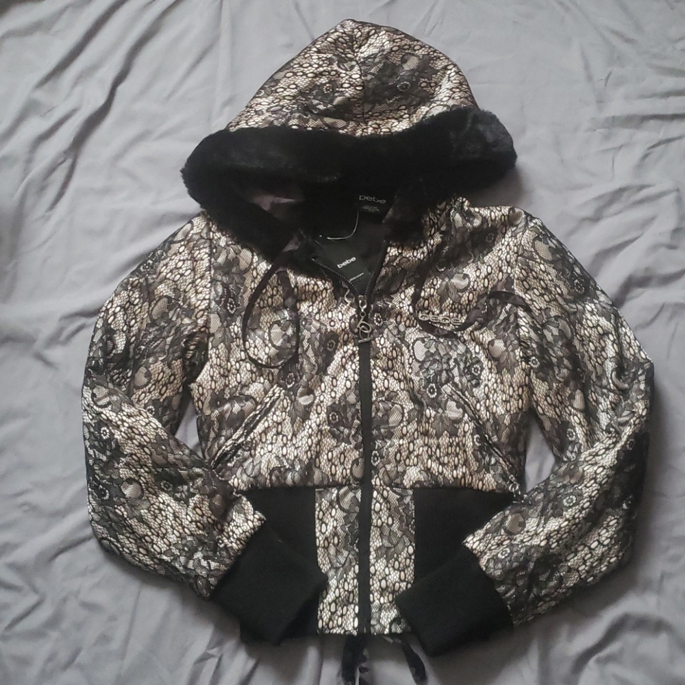 Rare Limited Edition Bebe Lace Up Corset Bonded Lace Puffer Jacket - Picture 4 of 9